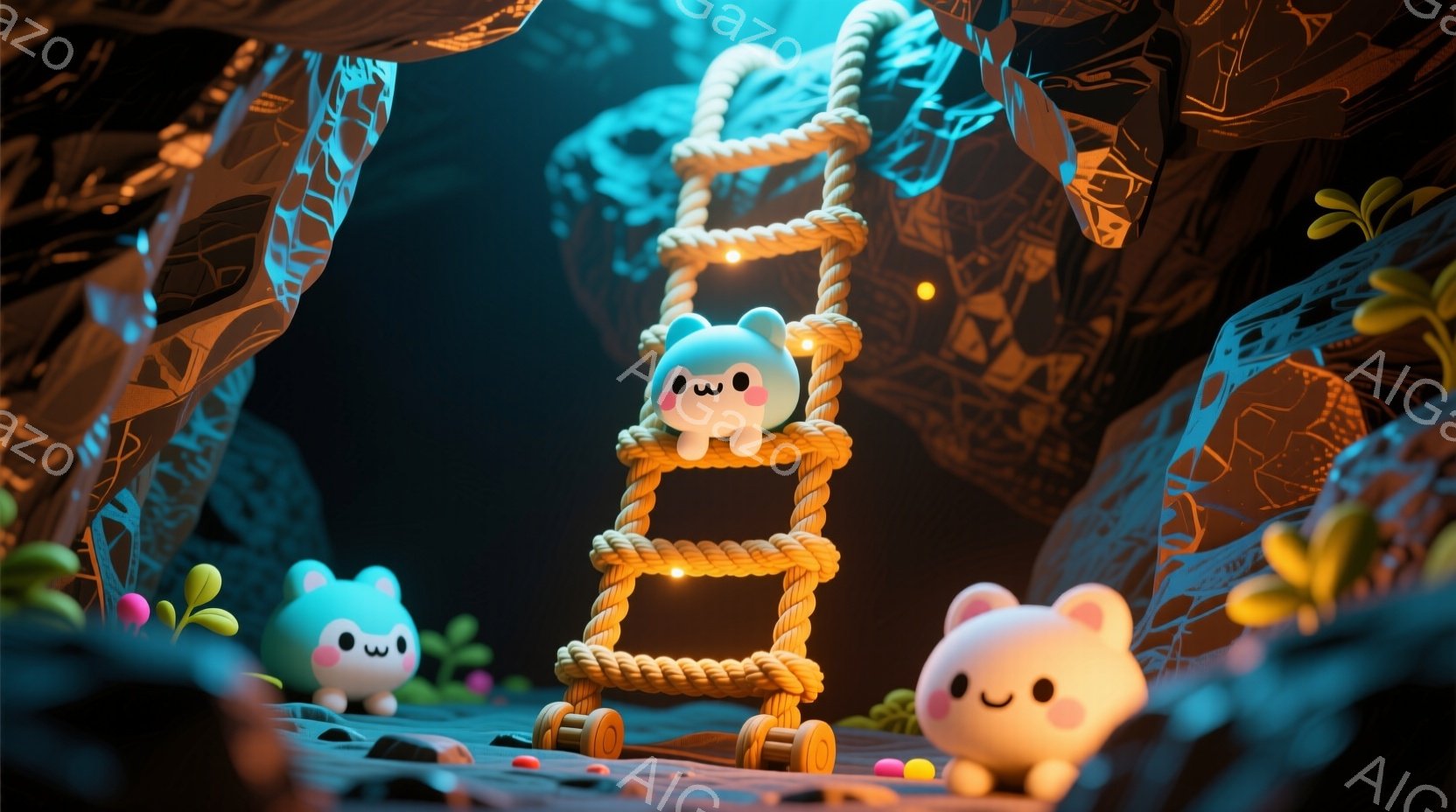 かわいらしいパステルカラーのクマのようなキャラクターが３体描かれています。１体のクマは、ロープと車輪が付いた小さなはしごに乗ってポーズをとっており、他の２体は地面に座って楽しんでいるようです。背景は暗い青色の岩や植物で構成され、全体的に幻想的で遊び心のある雰囲気です。