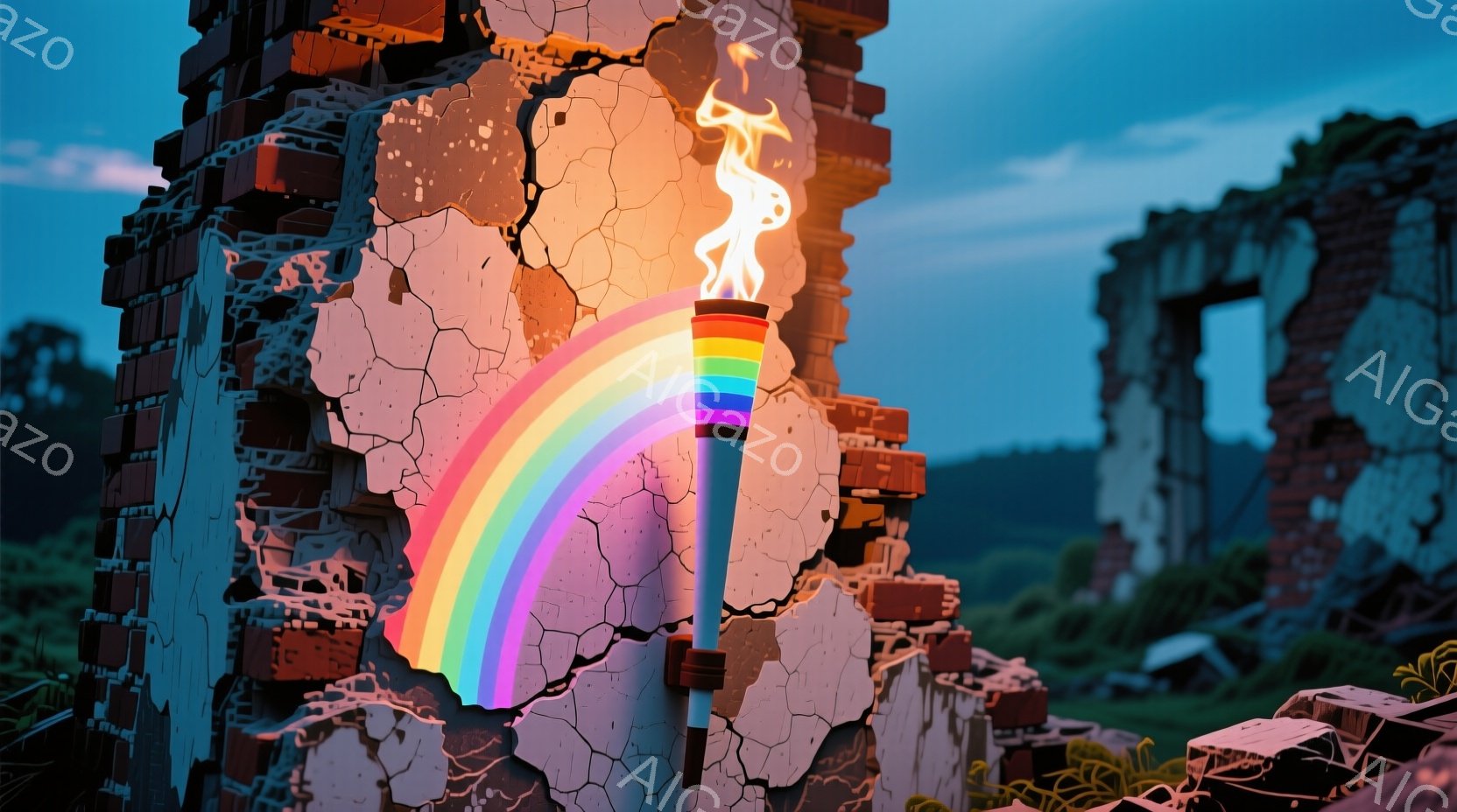 ひび割れたレンガ造りの崩れた建物の前に、虹色の炎を灯した松明が描かれています。背景には緑の草地とぼんやりとした山々が広がり、夕暮れ時の空が青と紫の色合いで描かれています。廃墟と鮮やかな松明の対比が、希望と再生の雰囲気を作り出しています。
