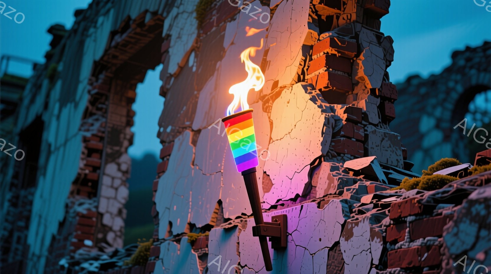 古びたレンガ造りの壁に、虹色の炎を灯したトーチが取り付けられています。壁は崩れかけ、苔が生えており、背景には薄暗い山の稜線が見えます。全体的に廃墟のような雰囲気で、どこか希望を感じさせる光が印象的です。