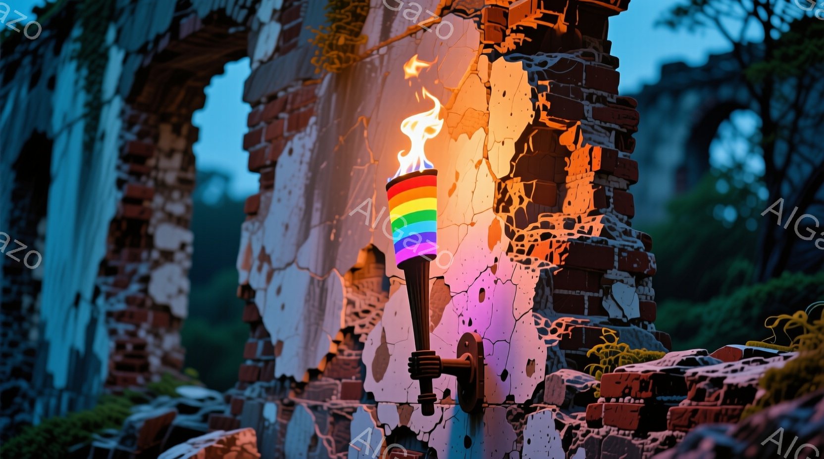 破れた古い建物の中で、多色のパイロットランプが燃えており、その周りは不安定になっています。その中にある人物は尊敬されるように著名なゲイ権利活動家であり、視線が突き立てられているという印象を与えます。