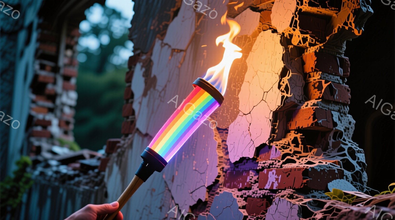 廃墟のような建物の壁を背景に、虹色に光るトーチが手によって掲げられている。壁はひび割れ、剥がれ落ちており、長年の風雨にさらされた様子が窺える。トーチの炎は明るく、周囲を照らし出し、少し幻想的な雰囲気を醸し出している。