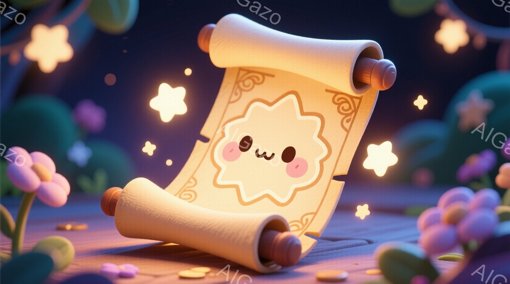 夜空を見下ろすような雰囲気で、中心に描かれた「モノ」という独特のキャラクターが大きく表現されています。彼は純白の上衣を着ており、眉や目が隠され、優美な顔つきで微笑んでいるように見えます。周囲には小さな星が散らばっていると感じできます。背景の雰囲気は落葉樹や草、柔らかな光源を持つ花々などで、夜空の美しさが感じられるようにデザインされています。この作品は穏やかで幻想的な雰囲気が漂っており、心地よい感覚を与えることが多いでしょう。