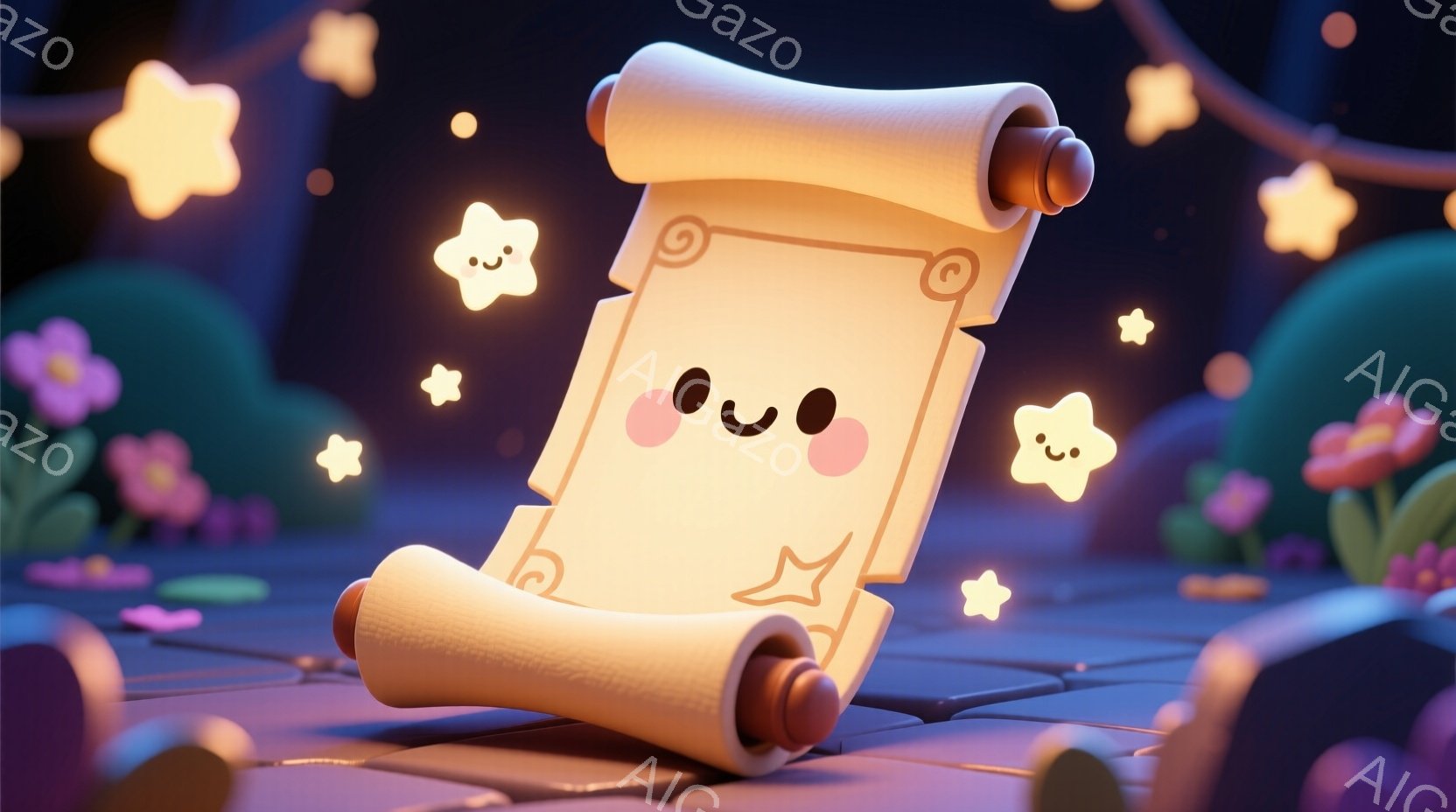 明るい光を放つ巻物が、ピンク色のブロック状の地面の上に置かれています。巻物は可愛らしい表情で、大きな目と小さな口を持ち、まるで生きているようです。背景には、紫とピンクの花、そして星が散りばめられており - AI生成フリー素材