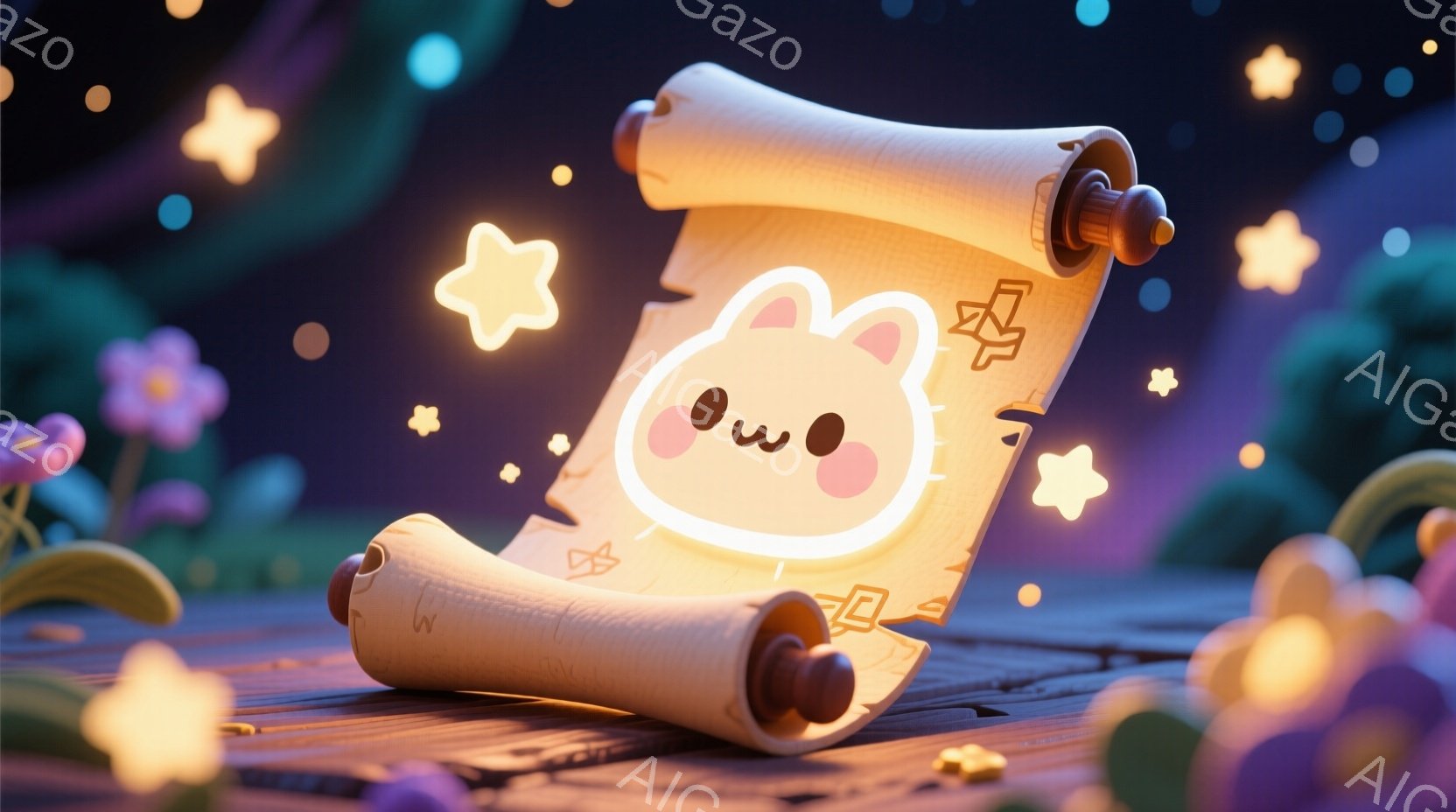 暖かく光る巻物の上に、可愛らしい子犬の顔が描かれています。巻物は木製の台の上に置かれ、周囲には小さな花や光る星が散りばめられています。全体的に柔らかく幻想的な雰囲気で、温かく優しい印象を与えます。 - AI生成フリー素材