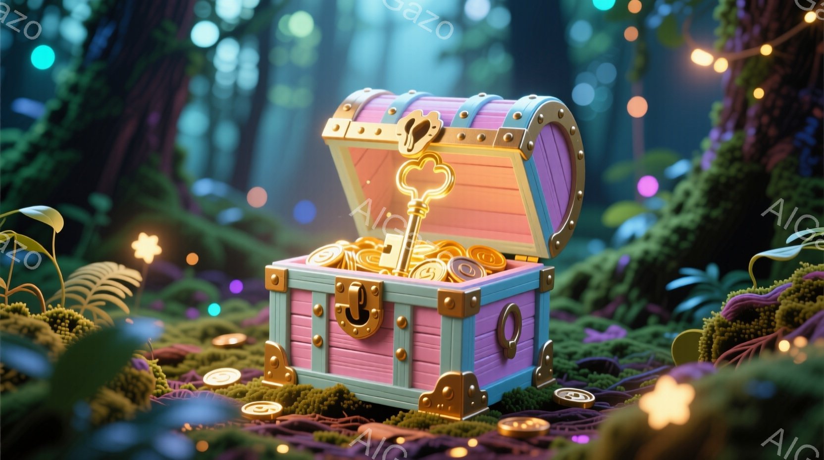 鮮やかなピンク色の宝箱が、緑色の苔むした地面の上に開いており、中には金色のコインが輝いている。宝箱の上には、同じく金色の鍵が置かれ、ファンタジーの世界を彷彿とさせる美しい光景が広がっている。背景には、緑豊かな植物とぼんやりとした光が差し込む森が広がり、神秘的な雰囲気を醸し出している。