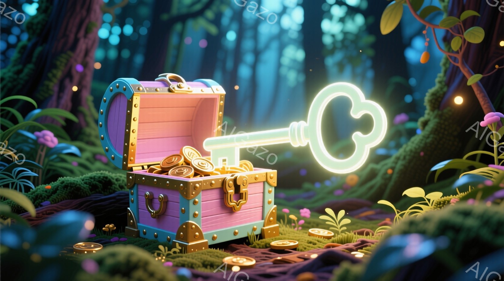 ピンク色の宝箱が、緑豊かな森の床に開いて置かれています。箱の中には金貨がいくつか輝き、隣には光る鍵が置かれています。背景には様々なキノコが生い茂り、幻想的な雰囲気を醸し出しています。