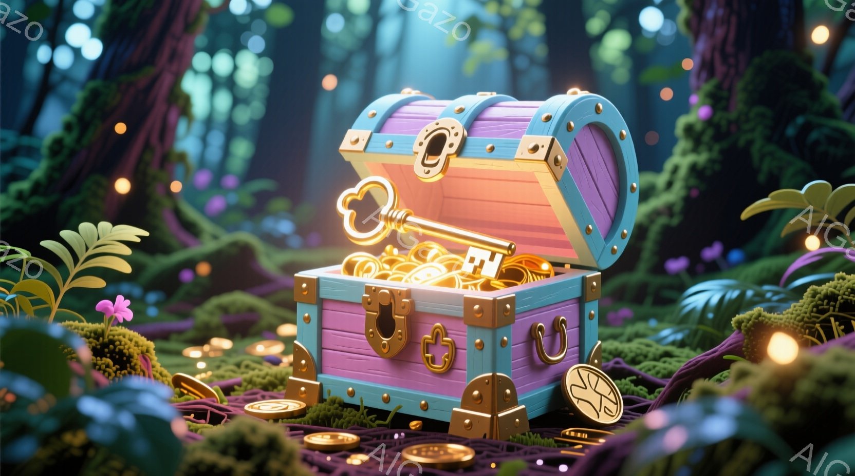 開いた宝箱が、緑豊かな森の中に置かれています。宝箱はピンクと水色のストライプで装飾され、金色の錠と鍵が付いています。背景には、さまざまな植物や、ぼんやりとした光が散りばめられた幻想的な森の風景が広がっ - AI生成フリー素材