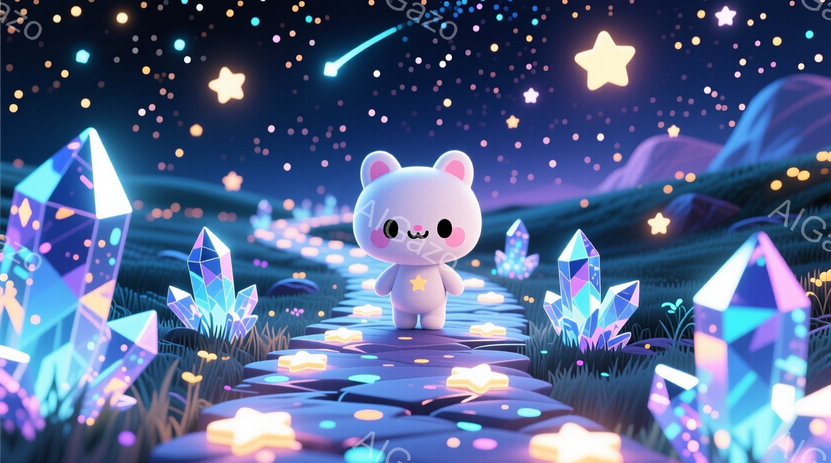 白くてふわふわしたクマのキャラクターが、紫とピンクの光るクリスタルやキノコが生えた道の中央に立っています。クマは黄色い星の形をしたバッジを身に着け、穏やかな表情で正面を見つめています。背景には、光るク - AI生成フリー素材