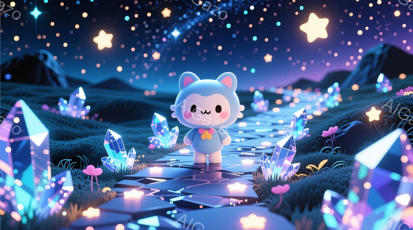 明るい水色の小さな生き物が、ピンク色のリボンを付けた可愛らしいフード付きの服を着ています。その生き物は、きらめくタイル状の道の中央でまっすぐに立っており、周囲には様々な大きさの紫と青の結晶が咲き乱れて - AI生成フリー素材