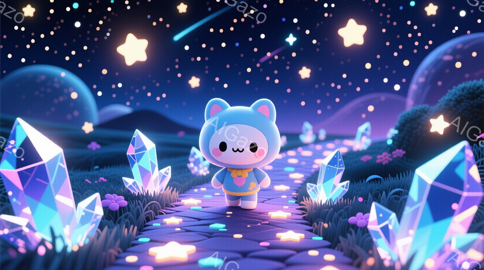 鮮やかな青色の短い毛並みを持つ、可愛らしい生き物（おそらくクマ？）が、オレンジ色のつなぎを着て道を歩いています。周囲には、様々な大きさの光り輝くクリスタルや星が散りばめられており、背景には緑色の丘と暗 - AI生成フリー素材