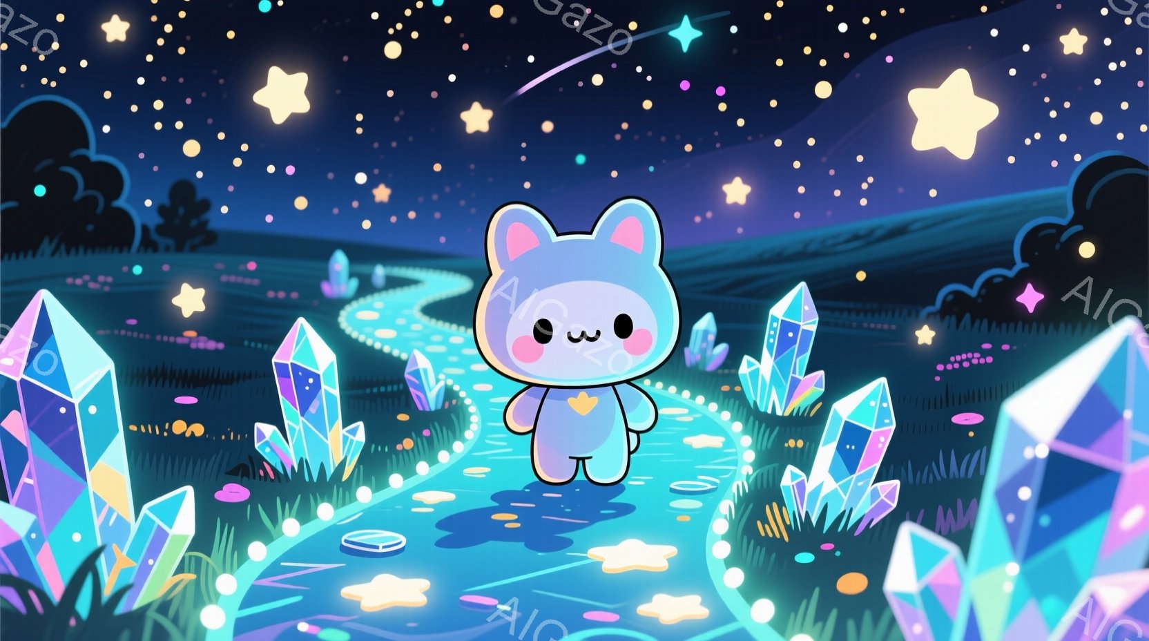 明るい青色の毛並みを持つ、かわいらしい子犬が緑の草が生い茂る道に立っています。子犬は小さな白いシャツを着ており、つぶらな瞳と穏やかな笑顔が印象的です。背景には、様々な色合いの大きな水晶が点在し、空には星が輝き、幻想的で夢のような雰囲気を作り出しています。