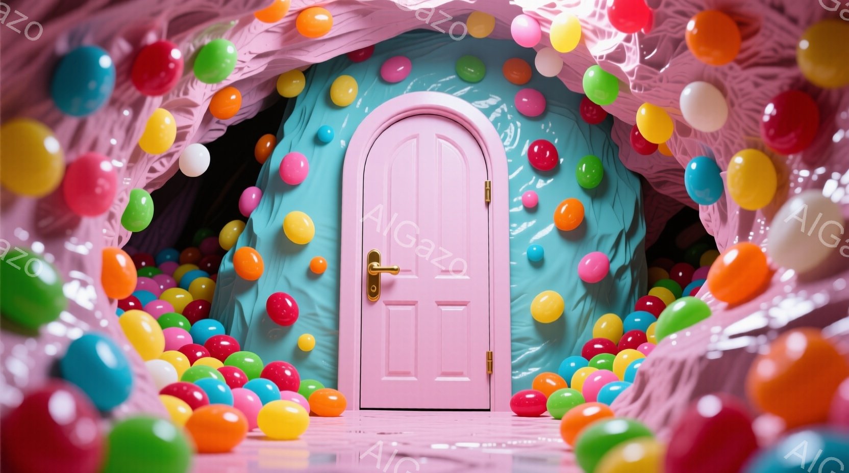 鮮やかな色彩のキャンディーボールで覆われた空間に、ピンク色のアーチ型のドアが佇んでいます。床もキャンディーボールで埋め尽くされており、まるで夢の中のような、遊び心あふれる雰囲気を醸し出しています。背景は抽象的なピンク色の曲線で構成され、ファンタジーと現実が混ざり合った不思議な世界観を表現しています。