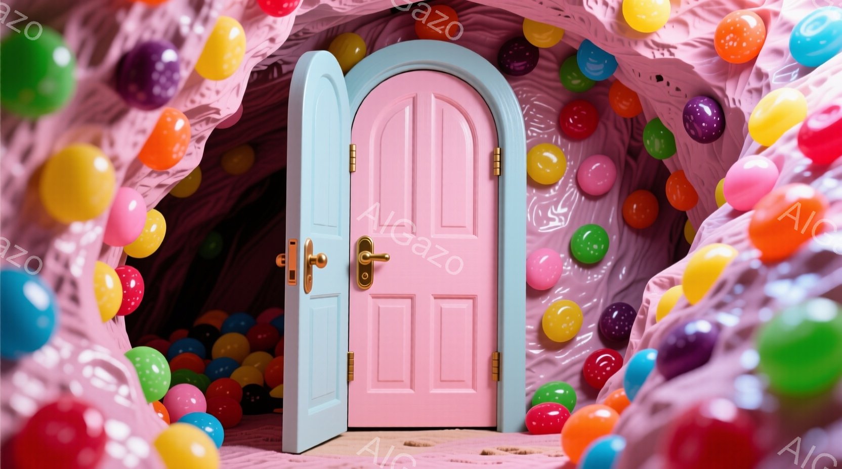 ピンク色のキャンディーボールで埋め尽くされた空間に、水色のドアが建っています。ドアは白っぽいピンク色で、ドアノブは金色です。全体的に夢のような、遊び心のある雰囲気が漂っており、お菓子の国のような印象を与えます。
