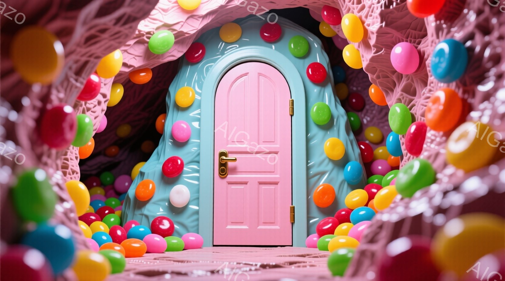 ピンク色のドアが、カラフルなジェリービーンズで埋め尽くされたトンネルの中にあります。ドアはシンプルで可愛らしいデザインで、金色の取っ手が付いています。ジェリービーンズは様々な色があり、トンネル全体を覆い、まるで夢のような、お菓子の世界のような雰囲気を作り出しています。