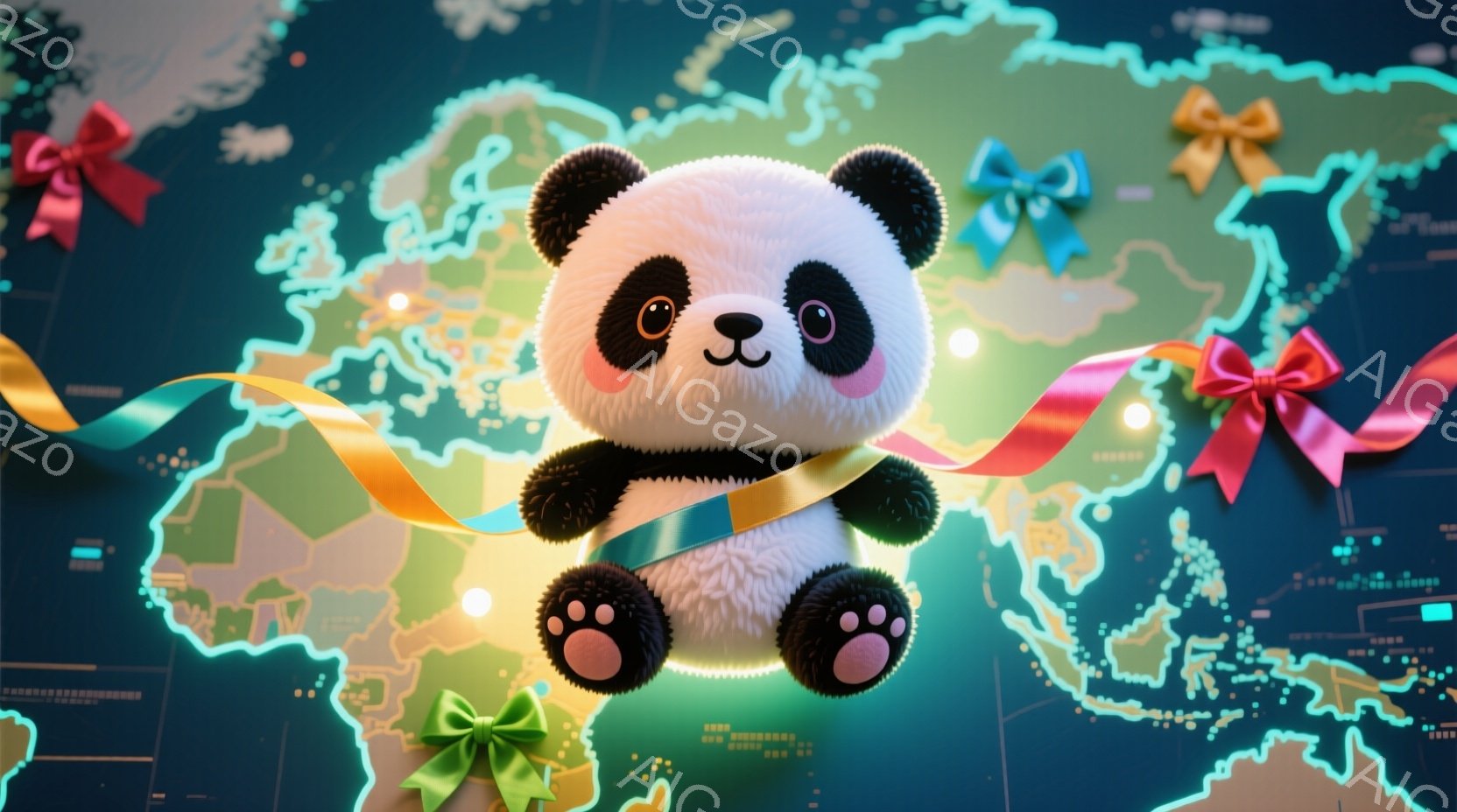 ぬいぐるみのようなパンダが、世界地図を背景に座っています。パンダはオレンジ色のリボンで結ばれ、頭上と足元には緑と赤のリボンが付いた装飾が浮いています。世界地図は鮮やかなネオンカラーで描かれ、全体的に明 - AI生成フリー素材