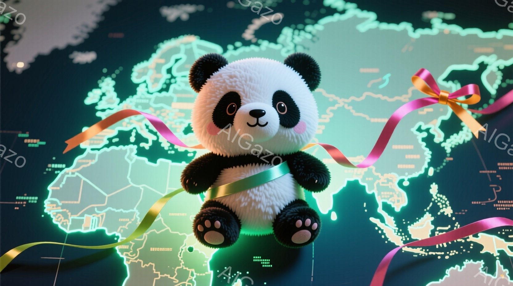 白いパンダのぬいぐるみは、緑色のリボンで結ばれており、ピンクとオレンジのリボンが周囲を飾り立てています。背景には、世界地図が明るい緑色で描かれており、無数の小さな光が点在しています。全体的に、可愛らし - AI生成フリー素材