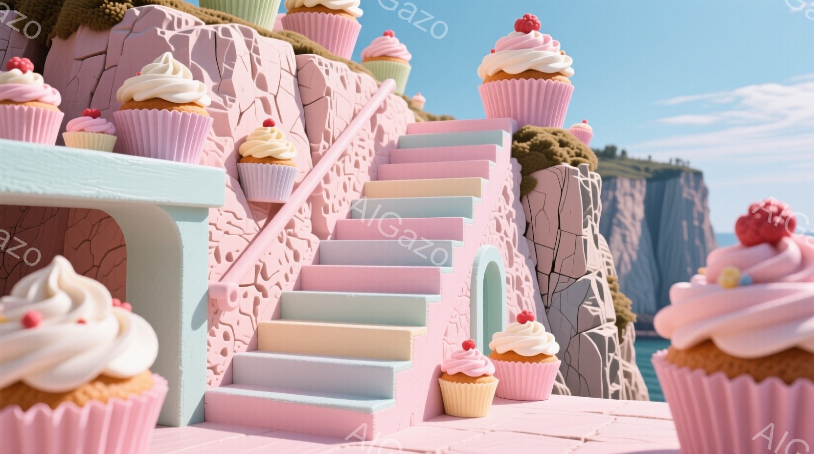 鮮やかなピンク、水色、薄い緑色の階段が、岩壁の背景に広がっています。階段の各段と周囲には、クリームと赤いベリーがトッピングされた可愛らしいカップケーキが配置され、まるで夢のような風景を作り出しています。背景には青い海と、その向こうにそびえる岩山が見え、全体的に明るく、甘く、ファンタジックな雰囲気が漂っています。