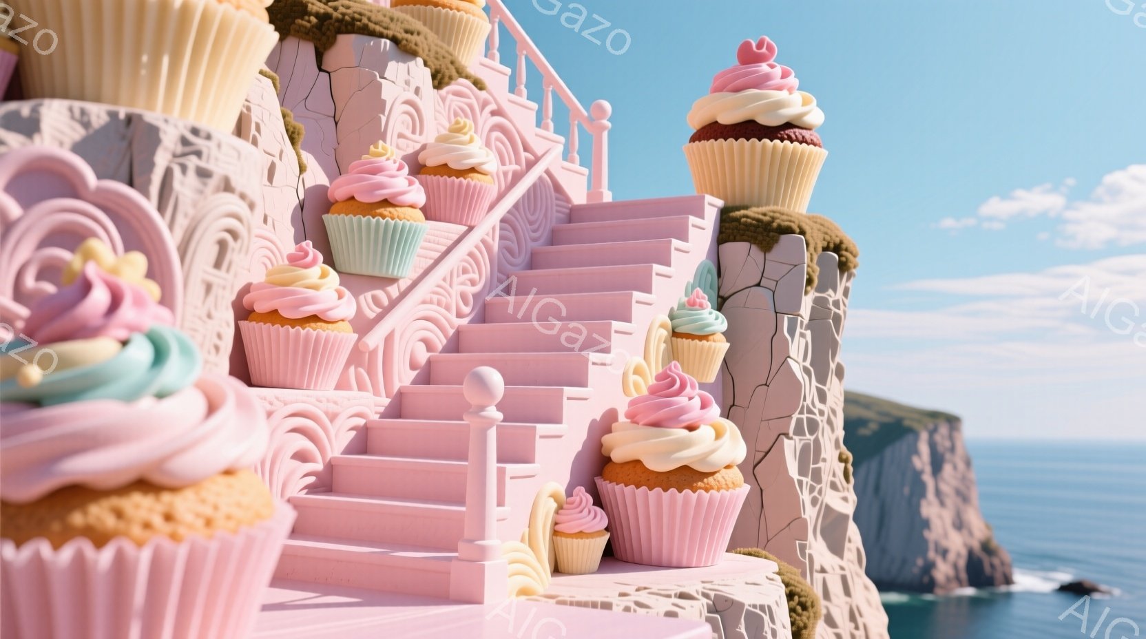 ピンク色のカップケーキが階段状に配置された、奇妙で夢のような風景が広がっています。背景には、険しい崖と青い海が広がり、晴天の下で穏やかな波が打ち寄せているのが見えます。全体的に、甘くてカラフルでありながら、どこか不気味な雰囲気を醸し出しています。