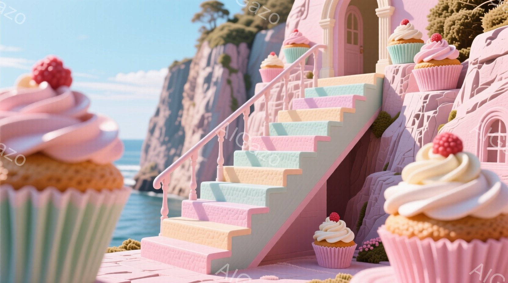 明るいピンクとパステルカラーで構成された、まるで夢のような風景です。階段は虹色に染まり、その上に可愛らしいカップケーキが所々に配置されています。背景には青い海と崖が見え、全体的に甘くて優しい雰囲気が漂 - AI生成フリー素材
