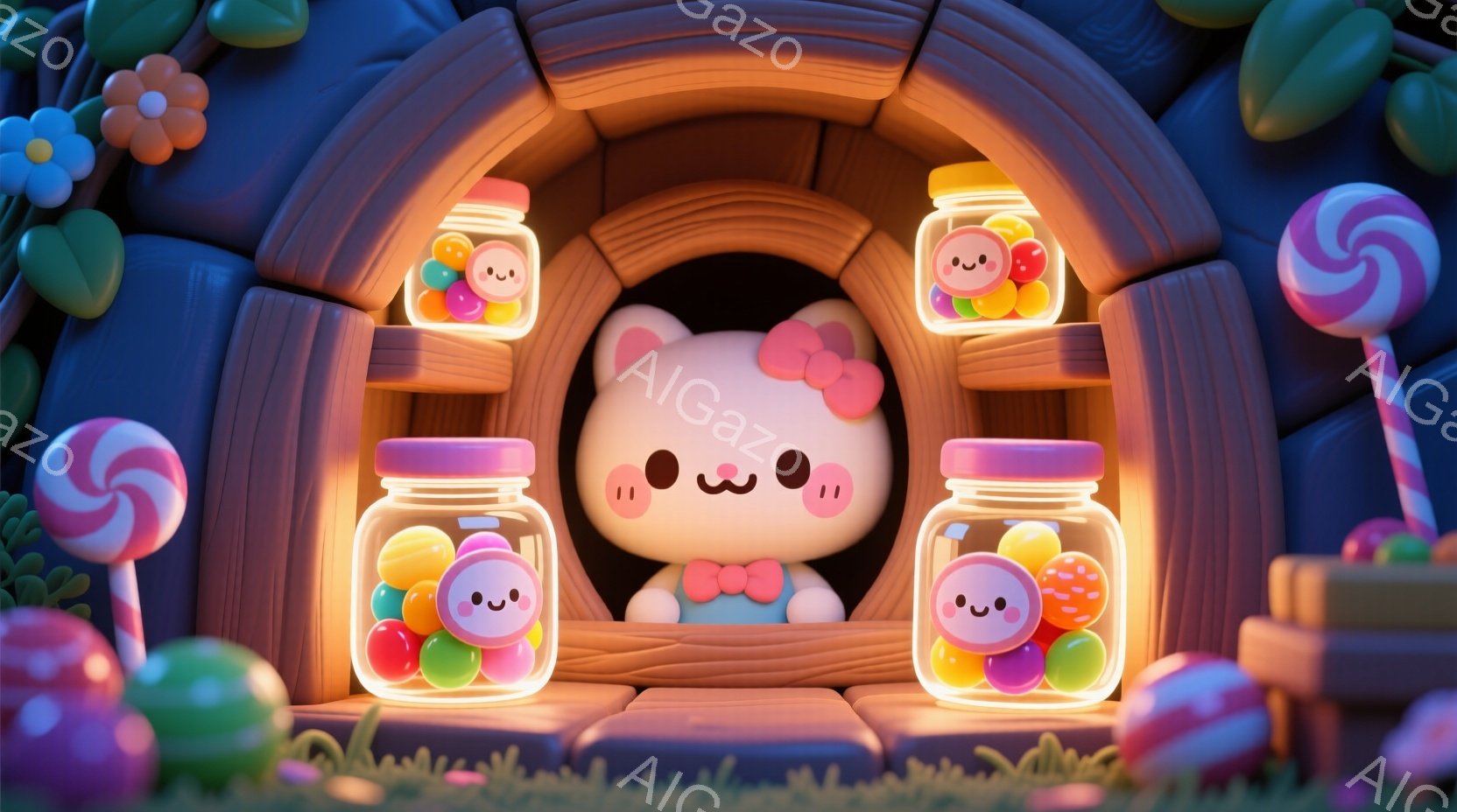 ピンク色の可愛らしい猫が、大きなガラス瓶に入ったカラフルなキャンディーに囲まれて、木の洞窟の中に座っています。猫はピンクのリボンと赤いお花のブローチで飾り付けられ、穏やかな笑顔を浮かべています。背景には、キャンディーと花で飾られた、幻想的でカラフルな自然が広がっており、温かく楽しい雰囲気が漂っています。