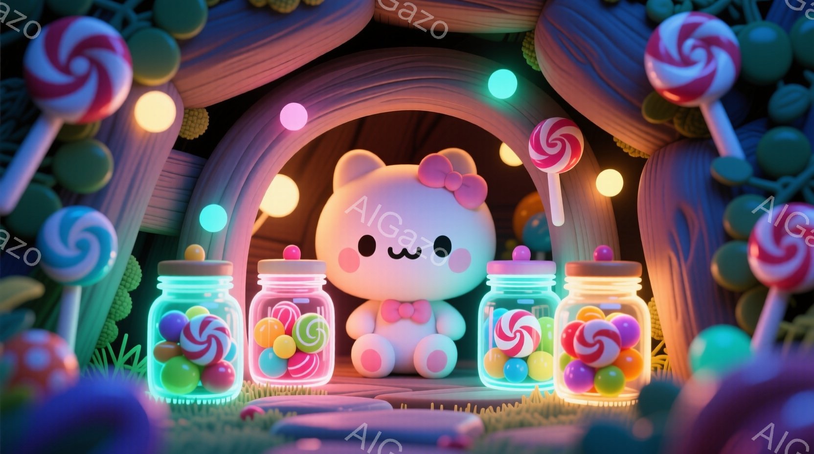 明るいピンク色のクマのぬいぐるみは、丸みを帯びた可愛らしい表情をしており、フリルのついたパステルカラーの衣装を着ています。背景には、カラフルなキャンディとジャムの瓶が並び、全体的に夢のような、お菓子の国のような雰囲気を醸し出しています。光が柔らかく、可愛らしい世界観が強調されています。