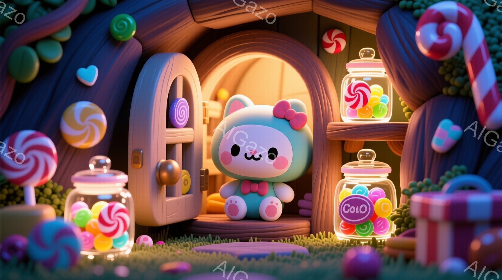 パステルカラーの可愛らしいウサギのキャラクターが、キャンディで飾られた家の入り口に立っています。ウサギはピンク色の服を着ており、丸い耳と控えめな笑顔が印象的です。背景にはカラフルなキャンディや瓶が置か - AI生成フリー素材