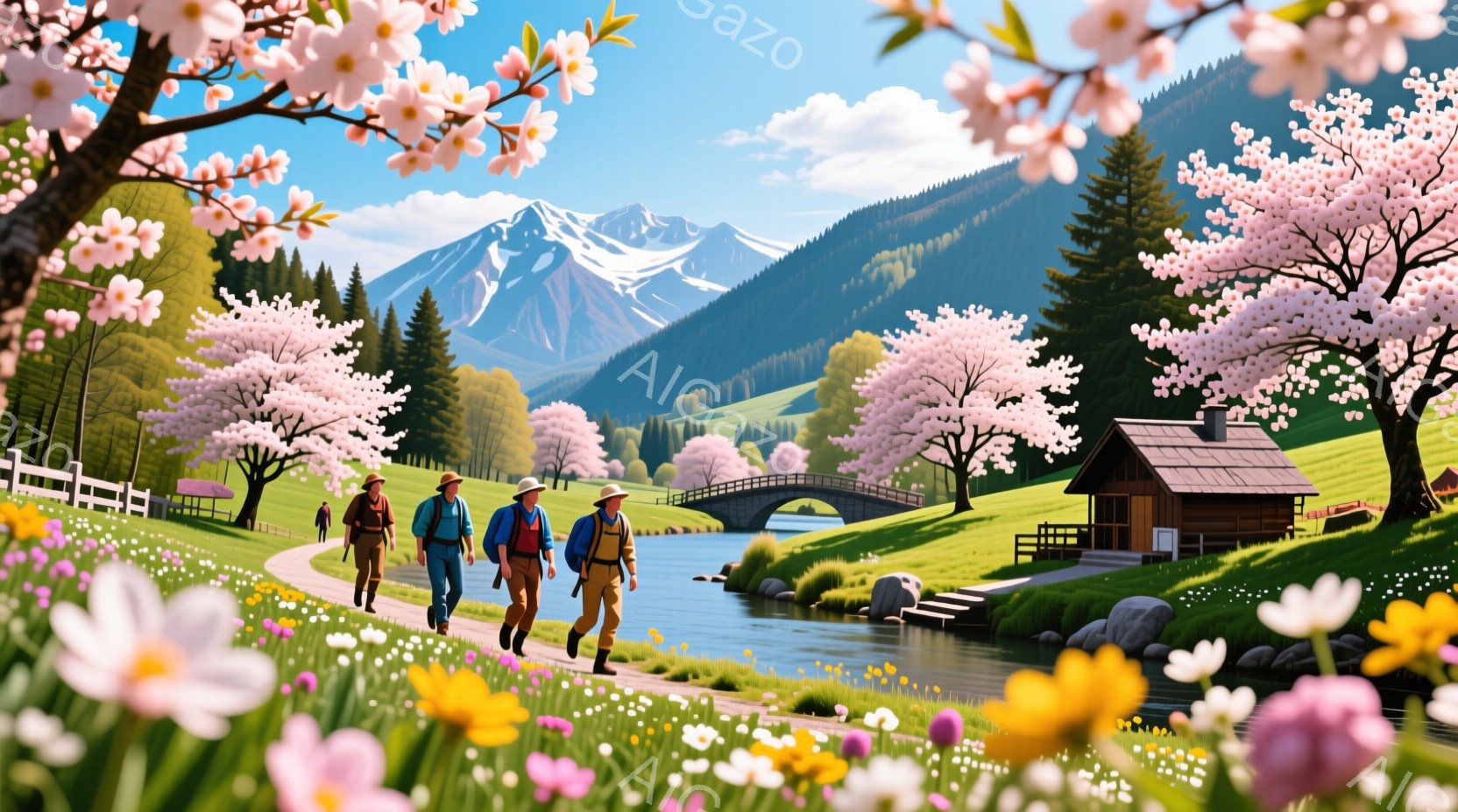 鮮やかな春の風景の中で、３人のハイカーが小道を歩いている。彼らはそれぞれバックパックを背負い、トレッキングに適した服装で、リラックスした表情で歩いている。背景には緑豊かな丘陵地帯と雪を抱いた山々が広が - AI生成フリー素材