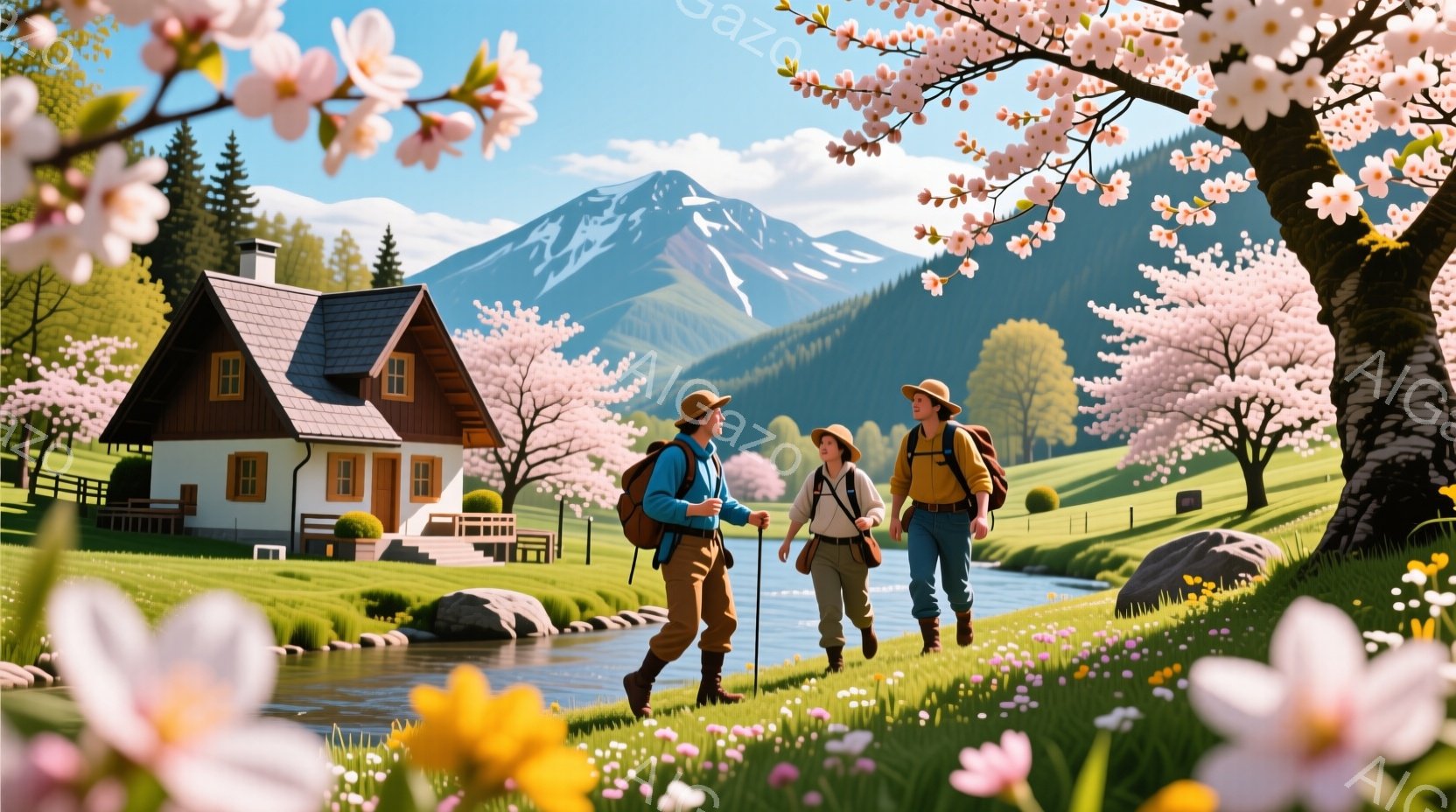 三人のハイカーが、緑豊かな牧草地と小川沿いを歩いている。彼らはそれぞれバックパックを背負い、トレッキングポールを持ち、カジュアルな服装で、顔ははっきりと見えないが、前向きな姿勢から楽しんでいる様子が伺 - AI生成フリー素材