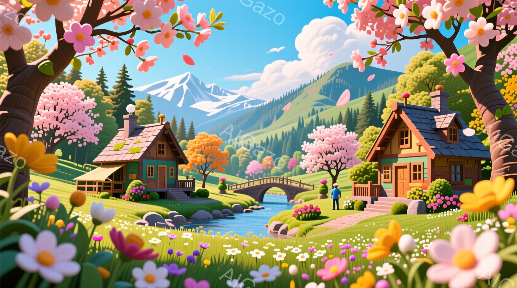 緑豊かな丘陵地帯に、可愛らしい家々が点在し、小川が流れています。青いシャツにジーンズ姿の男性が、小川にかかる橋の近くで立ち、穏やかな表情で景色を眺めているようです。背景には雪を抱いた山々が広がり、鮮やかな花々が咲き乱れる、春の暖かな一日が描かれています。