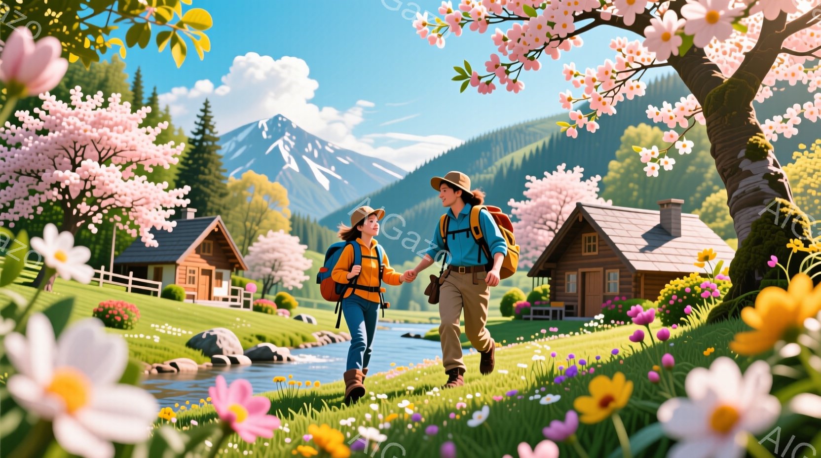 若い男女が、緑豊かな丘の小道を手をつないで歩いている。女性は赤い帽子をかぶり、男性は麦わら帽子をかぶっており、二人ともバックパックを背負い、軽快な歩調で進んでいる。背景には可愛らしい木造の家々が点在し - AI生成フリー素材