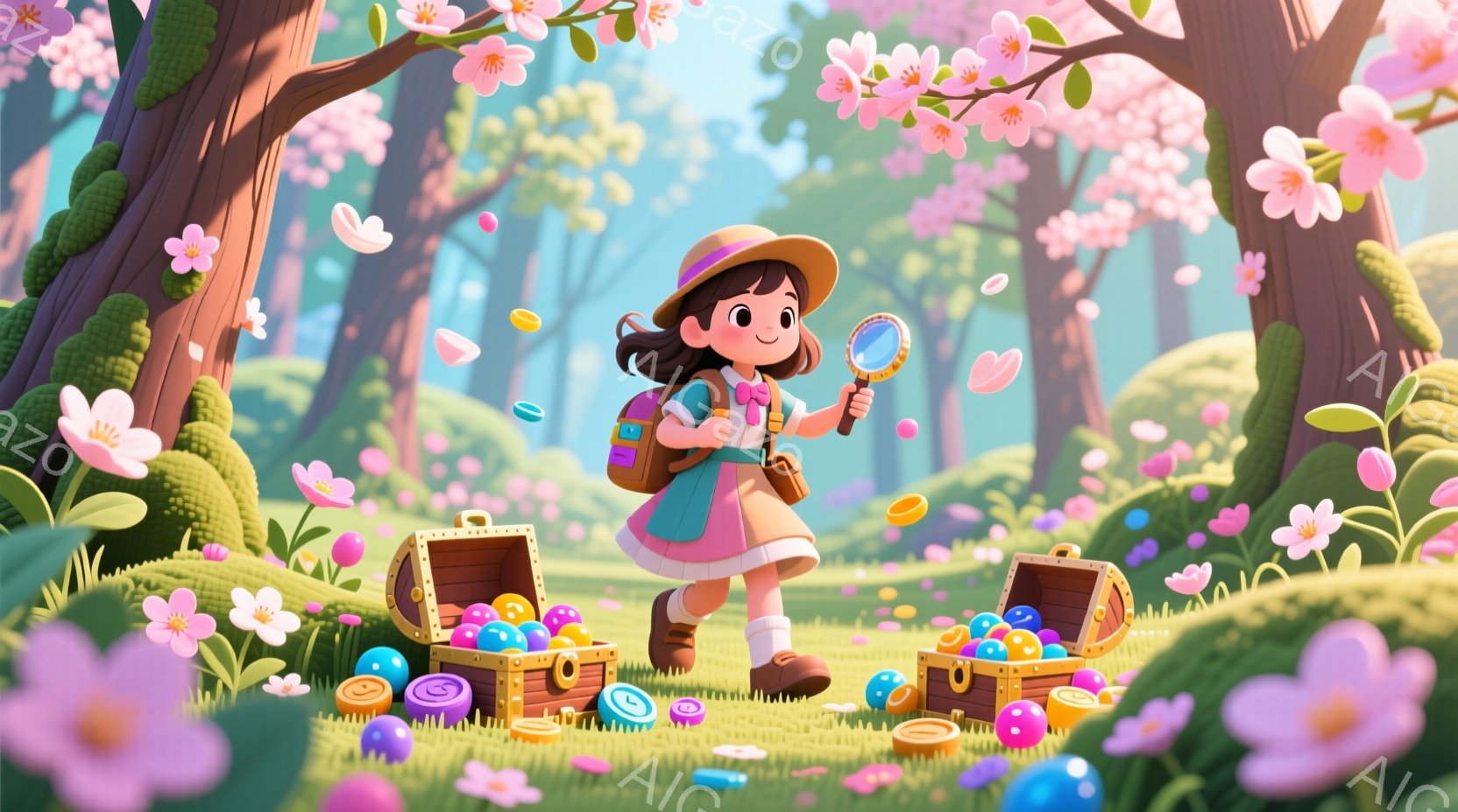 明るいピンク色の花々が咲き乱れる森の中で、リュックサックを背負った少女が宝箱とコインに囲まれながら歩いている。彼女は麦わら帽子をかぶり、好奇心に満ちた表情で虫眼鏡を手にしている。背景には緑豊かな木々が生い茂り、暖かく幻想的な雰囲気を醸し出している。