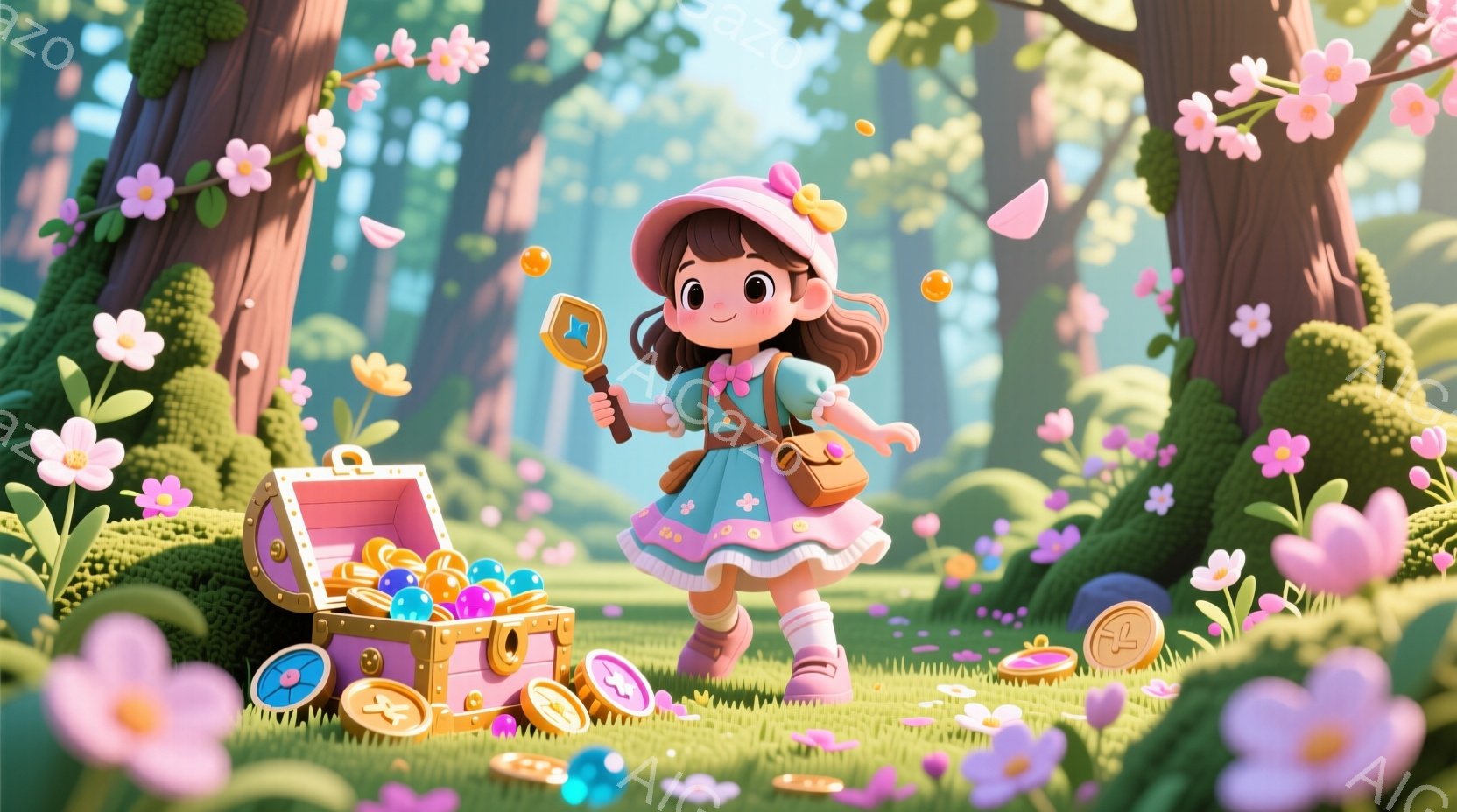 明るい緑色の草原に、ピンク色のドレスを着た幼い女の子が立っています。彼女は麦わら帽子をかぶり、手には光る杖を持っており、表情は喜びにあふれています。背景には、鮮やかな花々が咲き乱れ、宝箱と金貨が散らばっており、ファンタジーで夢のような雰囲気を醸し出しています。