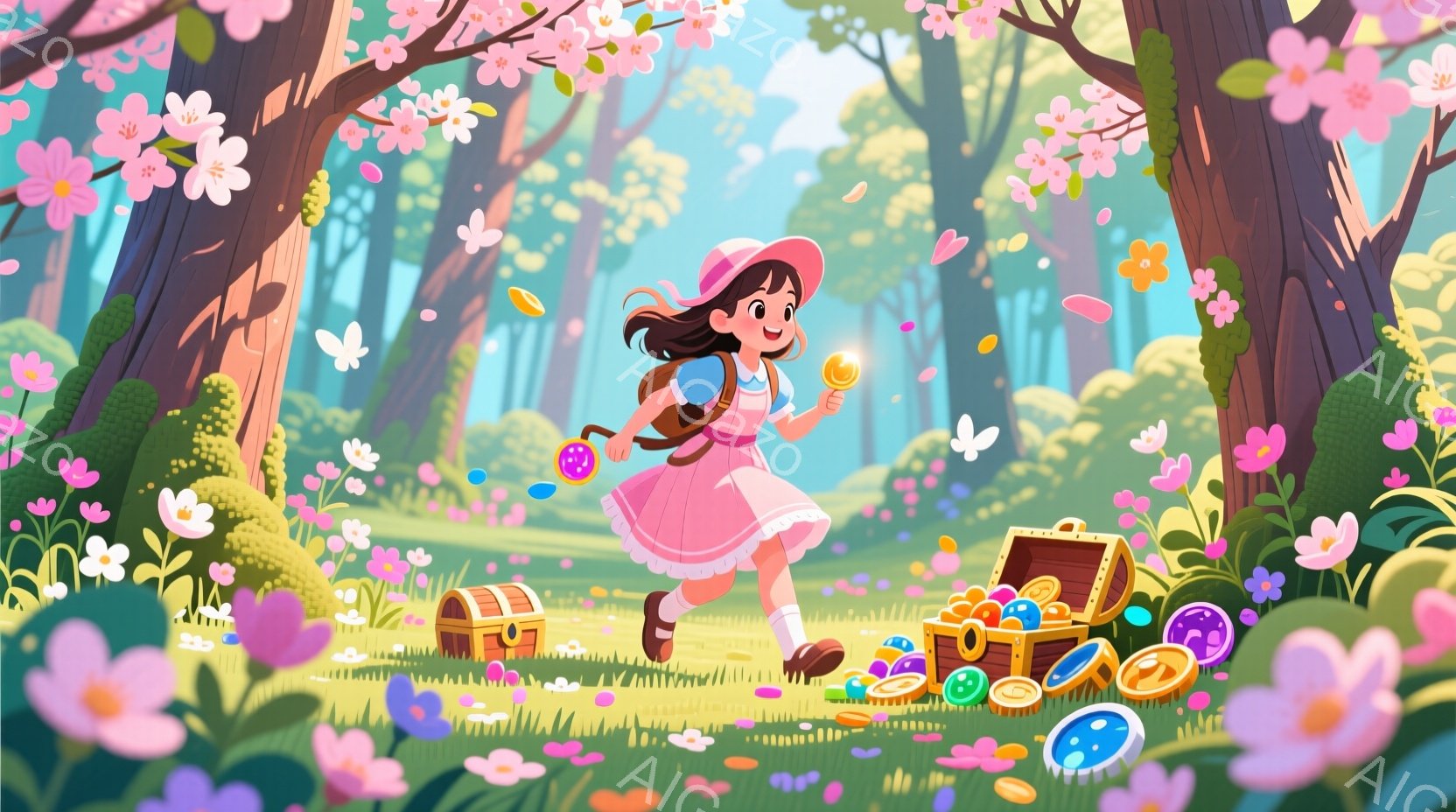 ピンク色のワンピースを着た少女が森の中を走っている。彼女は茶色の巻き毛に麦わら帽子をかぶり、手に金貨を持って笑顔を見せている。背景には開いた宝箱から宝石や金貨がこぼれ落ち、ピンク色の花々が咲き乱れる幻想的な森が広がっている。