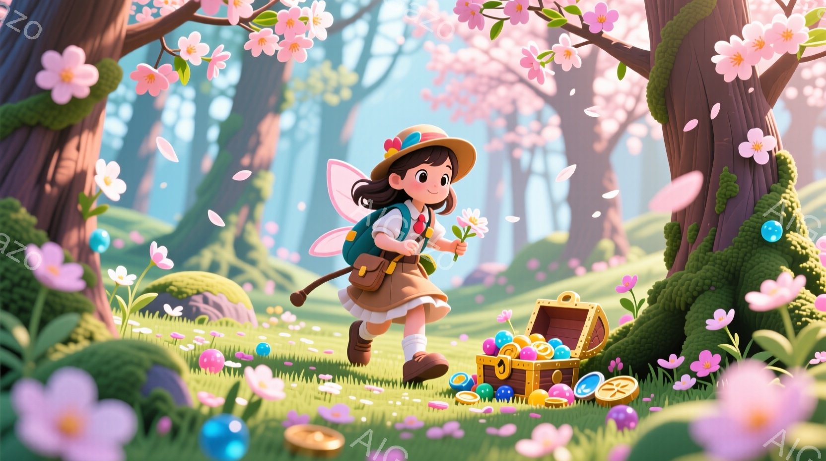 少女は麦わら帽子とリュックサックを身に着け、花を手に嬉しそうに駆け抜けている。背景には緑豊かな草原と桜の木々が広がり、宝箱と宝石が散りばめられた幻想的な風景が広がっている。全体的に春らしい暖かく、遊び心のある雰囲気で、冒険心をくすぐるような光景だ。