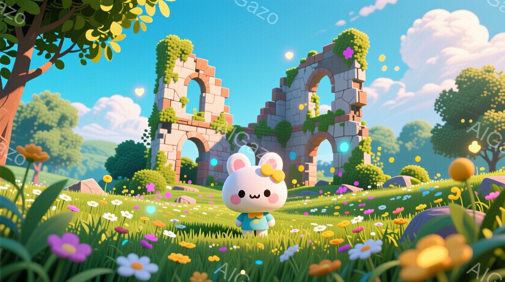 可愛らしいウサギのキャラクターが、緑豊かな花畑の中に立っています。パステルピンクの服を着ており、頭にはオレンジ色のリボンが付いたバタフライモチーフの髪飾りをつけています。背景には、蔦が絡まるアーチ状の - AI生成フリー素材