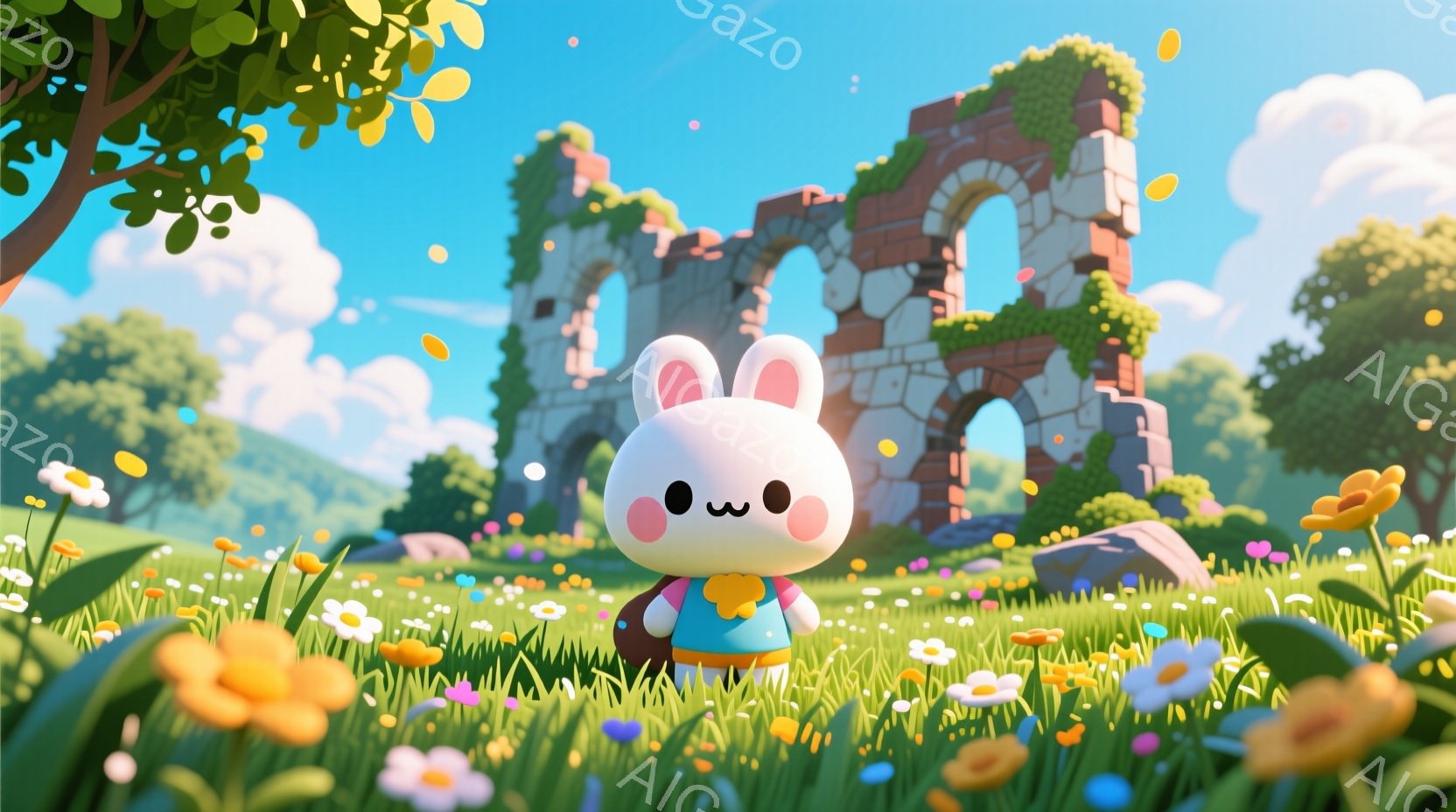 小さなウサギのキャラクターが、緑豊かな草花に囲まれた草原に立っている。ウサギは赤いシャツと緑のズボンを着ており、首には黄色いスカーフを巻いている。背景には、崩れかけた石造りのアーチ状の建物と、穏やかな青空と白い雲が広がり、暖かく牧歌的な雰囲気を醸し出している。
