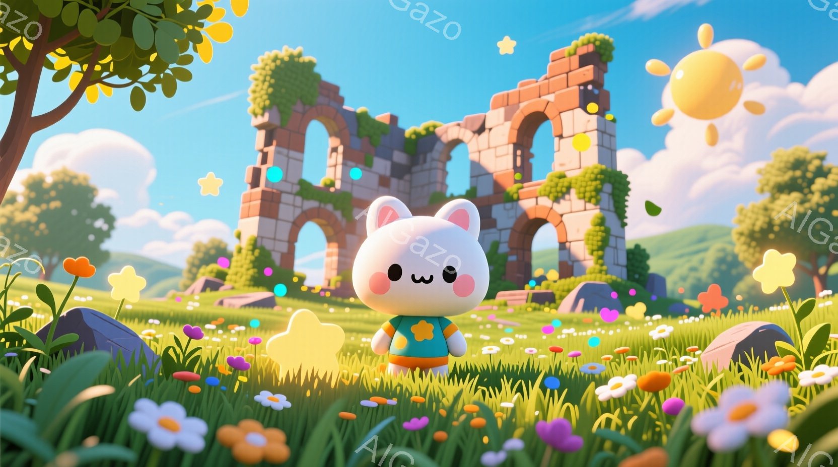 可愛らしいウサギのキャラクターが、花畑の中に立っています。緑色の服に黄色い花飾りをつけており、つぶらな瞳と控えめな笑顔が印象的です。背景には、崩れかけたアーチ状の建造物と、緑豊かな丘陵地帯、そして青空 - AI生成フリー素材