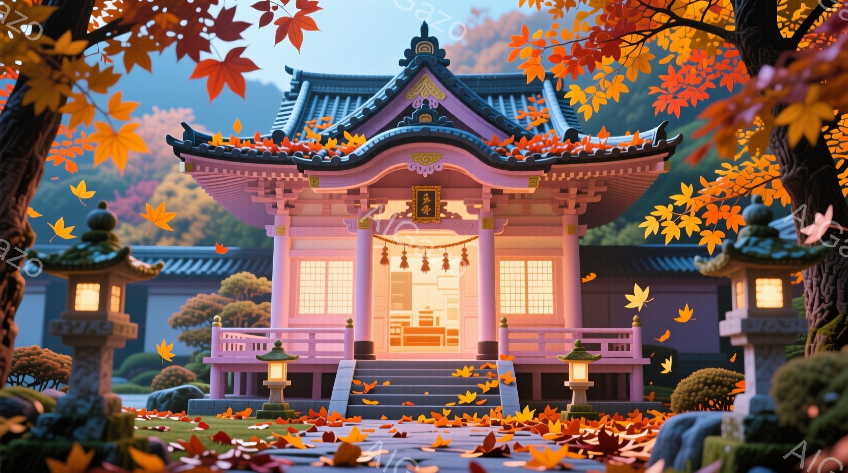 鮮やかな朱色の寺院が、紅葉に彩られた庭園に佇んでいます。寺院は整然と手入れされた庭木と石畳の道に囲まれ、温かい光が内部から漏れ出し、穏やかな雰囲気を醸し出しています。秋の夕暮れ時を思わせる、美しい情景 - AI生成フリー素材
