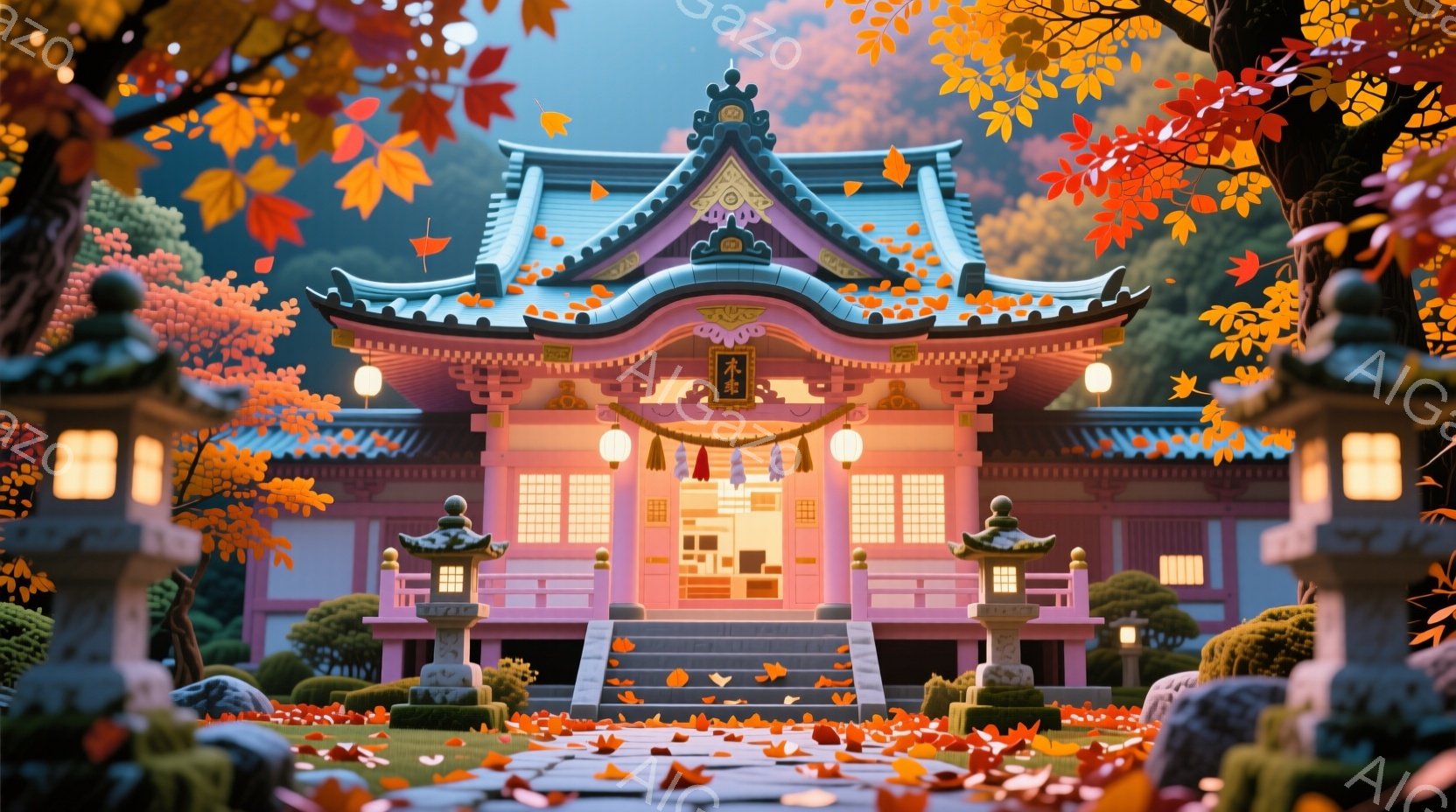 鮮やかな紅葉に囲まれた寺院が描かれています。ピンク色の壁と緑色の屋根を持つ美しい建物は、穏やかな光に照らされ、周囲の緑と紅葉とのコントラストが際立っています。石灯籠や手入れされた庭園が、静かで平和な雰 - AI生成フリー素材