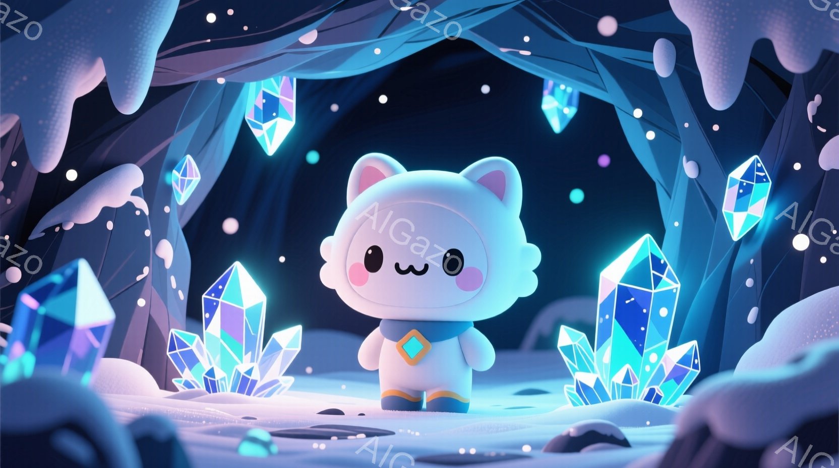 白くて丸いキャラクターが、青い結晶に囲まれた洞窟の中に立っている。キャラクターは可愛らしい表情で、金色のアクセサリーを身に着けており、少し緊張したような姿勢をしている。背景には青く光る結晶が浮かび、幻 - AI生成フリー素材
