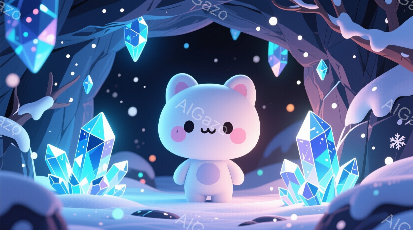 白いふわふわとした生き物が雪景色の中に立っています。大きな丸い目と小さな口を持ち、可愛らしい表情をしています。背景には、青く光る結晶が浮かび、雪が舞う幻想的な雰囲気を作り出しています。