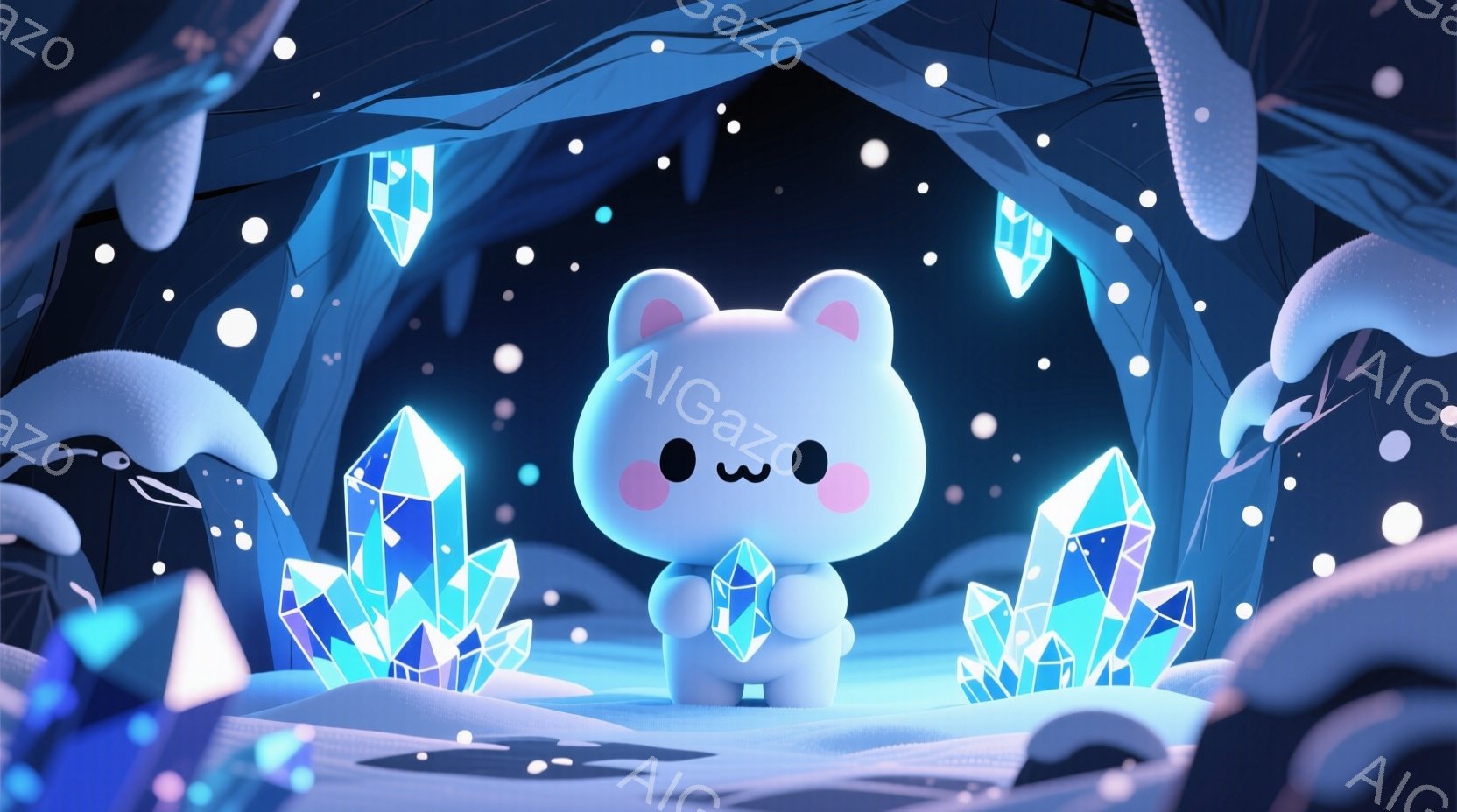 白くて丸い小さな生き物が、青く光る結晶を抱きかかえて立っています。背景には、さまざまな大きさの青い結晶が点在し、上部には雪のような白い物体がアーチ状に並んでいます。全体的に幻想的で、どこか冷たい空気が - AI生成フリー素材