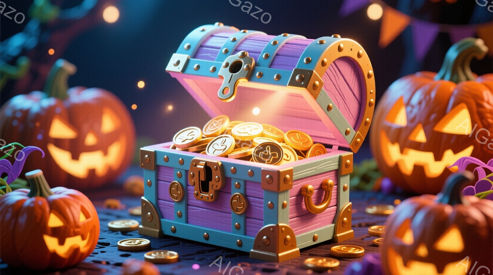 鮮やかなピンクと紫色の宝箱が、ハロウィーンの雰囲気の中で開いており、中には金色のコインが溢れています。背景には、ジャック・オ・ランタンがいくつか配置され、紫色の植物がアクセントとして添えられています。全体的に、ファンタジーとハロウィーンが融合した、明るく楽しげな雰囲気です。