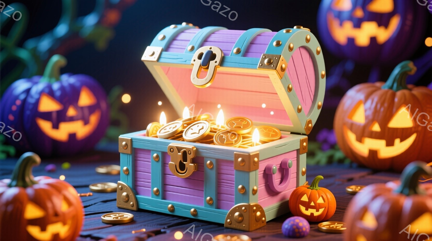 鮮やかな紫と水色の宝箱が、ハロウィーンの飾りと共に描かれています。箱は開いており、中には金色のコインや宝飾品が輝き、周囲にはオレンジ色のジャック・オー・ランタンがハロウィーンの雰囲気を盛り上げています。背景は暗く、全体的にファンタジーで遊び心のある雰囲気が漂っています。