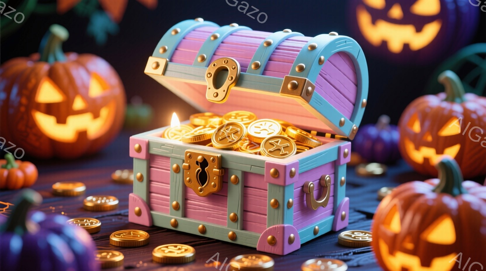 明るいピンクと水色の宝箱が、オレンジ色のコインで満たされており、ハロウィーンの背景に置かれています。周囲には、さまざまな大きさのオレンジと紫色のジャック・オー・ランタンが散りばめられ、お祝いの雰囲気を醸し出しています。全体的に、ファンタジーとハロウィーンの楽しさが融合した、遊び心のある印象を与える画像です。