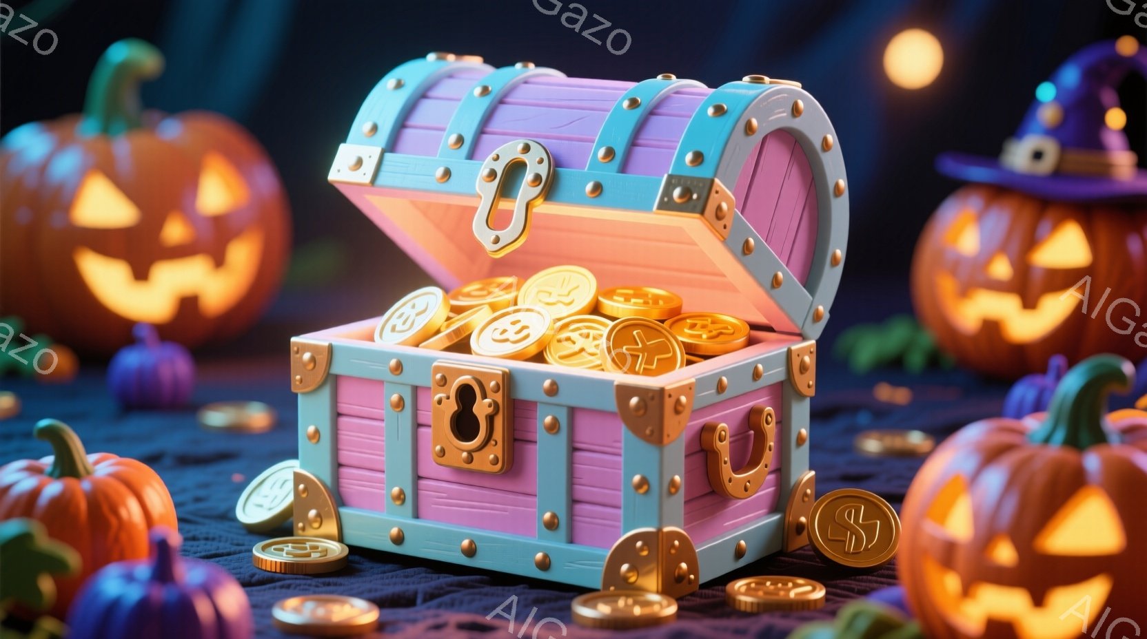 明るいピンク色の宝箱が、ハロウィーンの装飾に囲まれて開いています。中には金色のコインが輝き、周囲にはオレンジ色のジャック・オー・ランタンや紫色の帽子が置かれています。背景は暗い布地で、全体的に遊び心のあるお祭りの雰囲気が漂っています。