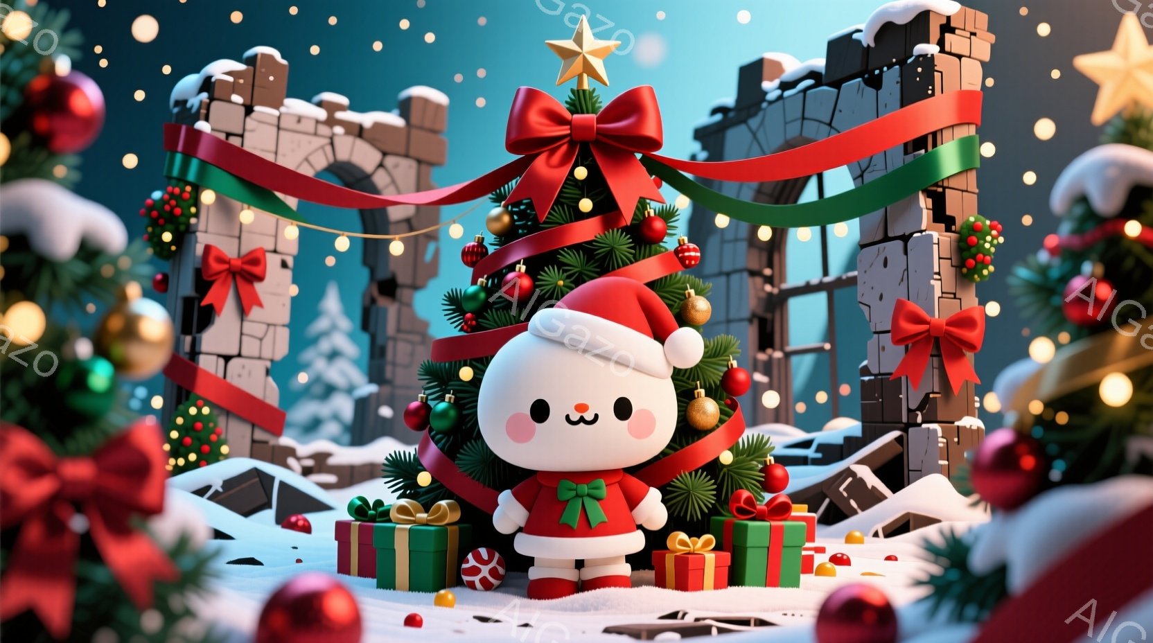 白い小さなキャラクターが、赤いサンタ帽と緑のリボンを身に着けて立っています。背景には、クリスマスツリー、プレゼントの箱、そしてブロック状の建物が雪景色の中に配置されており、まるで雪の降るクリスマスの遊 - AI生成フリー素材