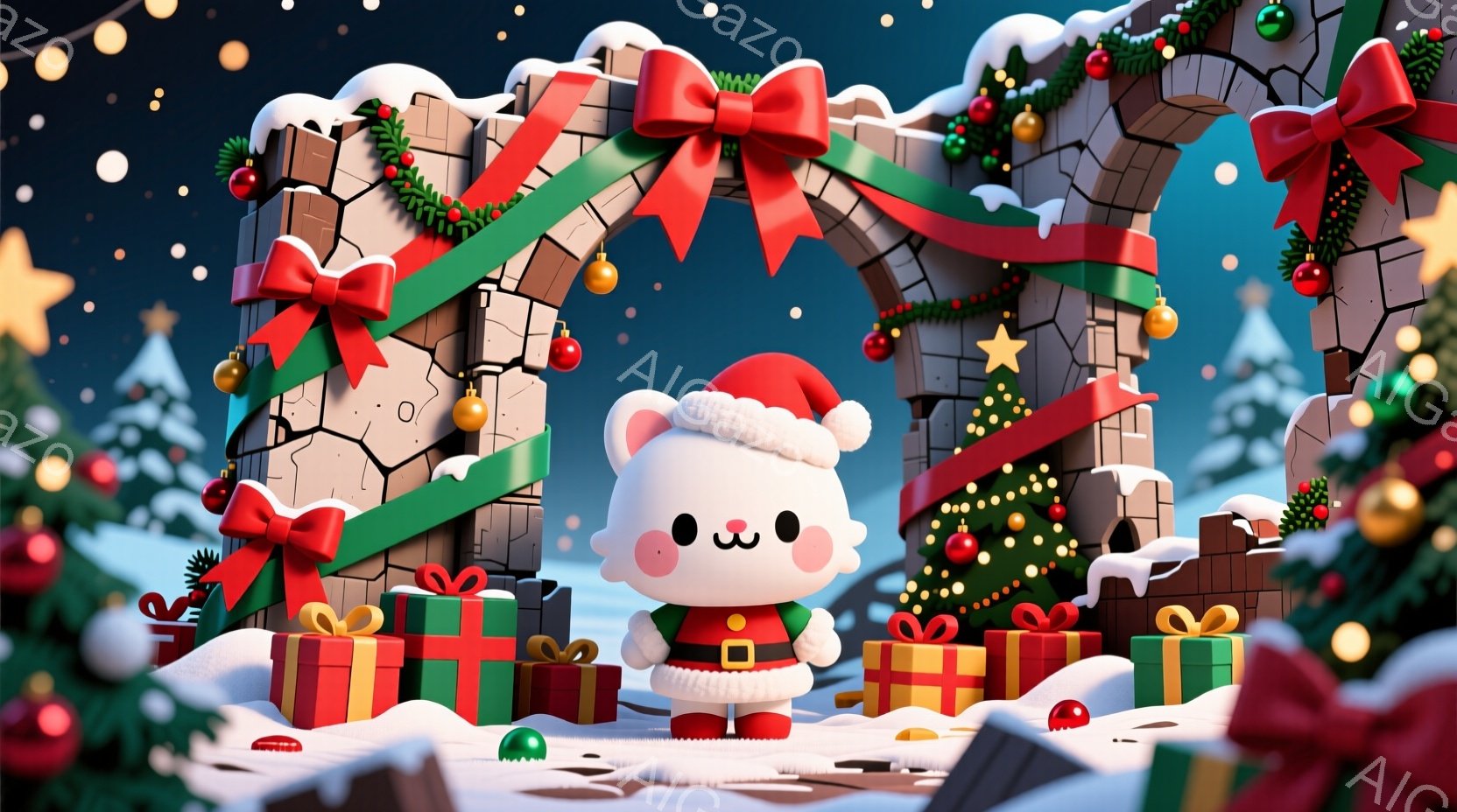 白くて丸いキャラクターが、緑と赤のリボンで飾られたアーチの下に立っています。そのキャラクターはサンタの帽子と赤いコートを着ており、顔には控えめな笑顔が浮かんでいます。背景にはプレゼントボックスが積み上 - AI生成フリー素材