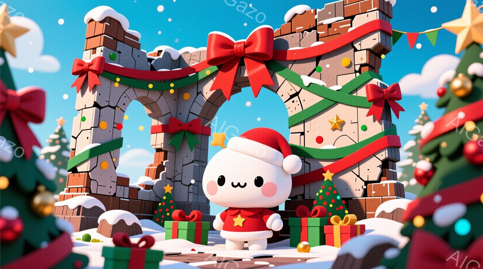 白くて丸いキャラクターが、赤いサンタ帽をかぶり、雪が降るクリスマスの背景に立っています。キャラクターは小さくて可愛らしく、顔には控えめな笑顔が見られます。背景には、ギフトボックスとクリスマスツリーが配 - AI生成フリー素材