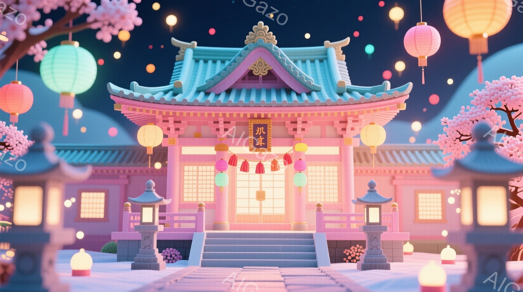 鮮やかなピンクと水色の可愛らしい寺院が雪景色の中に建っています。提灯が寺院と庭を照らし、背景には暗い夜空と散りばめられた星が見えます。全体的に暖かく、幻想的な雰囲気が漂い、春の訪れを感じさせるような穏 - AI生成フリー素材